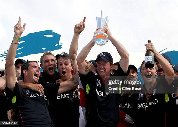 Paul Collingwood of England celebrates with the series trophy after winning the final of the ICC World Twenty20 between Australia and England at the...