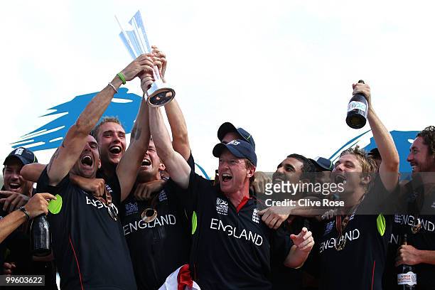 Paul Collingwood and the England team celebrate with the series trophy after winning the final of the ICC World Twenty20 between Australia and...