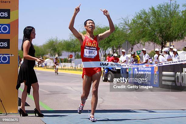 Hao Wang of China celebrates winning the mens 20 Km Walking race competition at the IAAF World Race Walking Cup Chihuahua 2010 at Deportiva Sur...