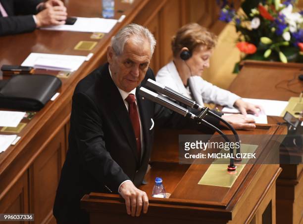 Czech President Milos Zeman delivers a speech in the Czech Parliament on July 11, 2018 in Prague, Czech Republic. - Czech Republic's Parliament...