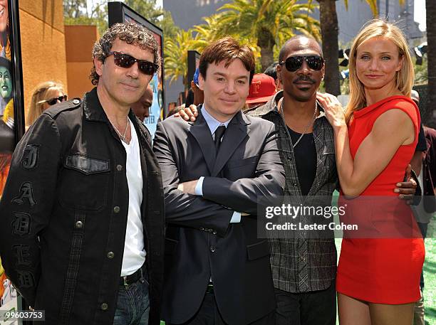 Actors Antonio Banderas, Mike Myers, Eddie Murphy and Cameron Diaz arrive at the "Shrek Forever After" Los Angeles premiere held at Gibson...