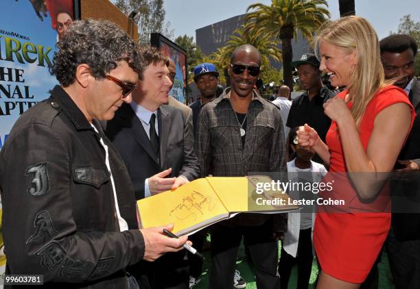 Actress Cameron Diaz has actors Antonio Banderas, Mike Myers, Eddie Murphy sign her "Shrek" book at the "Shrek Forever After" Los Angeles premiere...