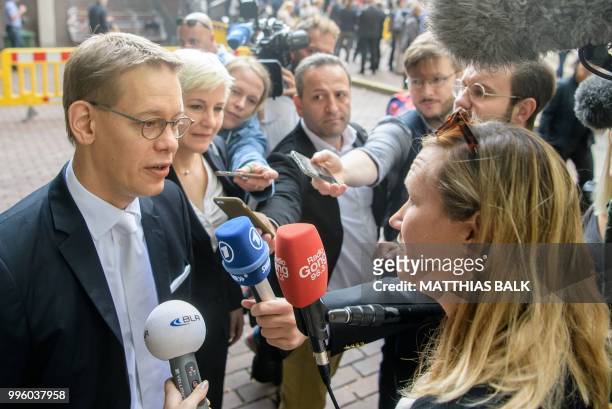 Lawyers of defendant Beate Zschaepe Anja Sturm and Wolfgang Heer speak to journalists before the proclamation of sentence in the trial against Beate...