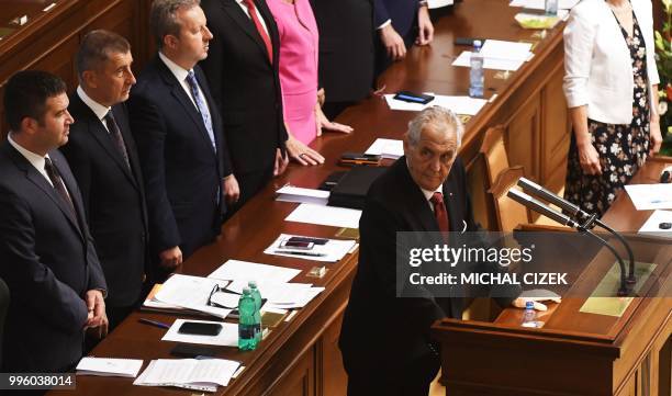 Czech President Milos Zeman arrives to deliver his speech in the Czech Parliament in Prague, Czech Republic on July 11, 2018. - Czech Republic's...