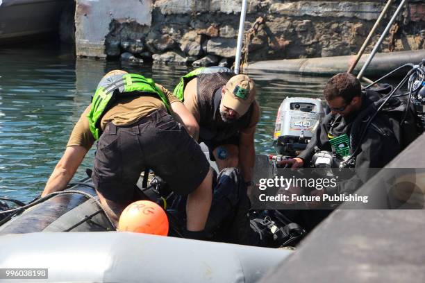 Divers of the Royal Canadian Navy show off their skills during diver component drills held as part of the Exercise Sea Breeze 2018, Odesa, southern...