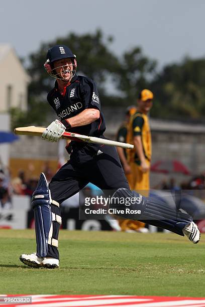 Paul Collingwood of England celebrates after hitting the winning runs in the final of the ICC World Twenty20 between Australia and England at the...