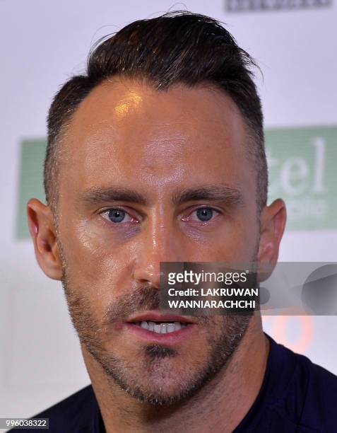 South African cricket team captain Faf du Plessis addresses a press conference at the Galle International Cricket Stadium in Galle on July 11 ahead...