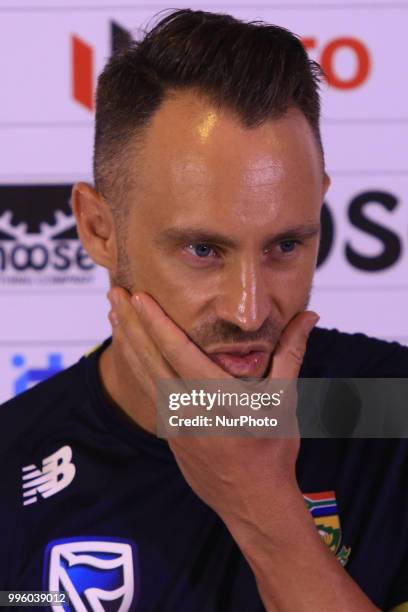 South African cricket captain Faf Du Plessis speaks at a media briefing ahead of their 1st Test cricket match against Sri Lanka at Galle...