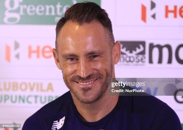 South African cricket captain Faf Du Plessis speaks at a media briefing ahead of their 1st Test cricket match against Sri Lanka at Galle...