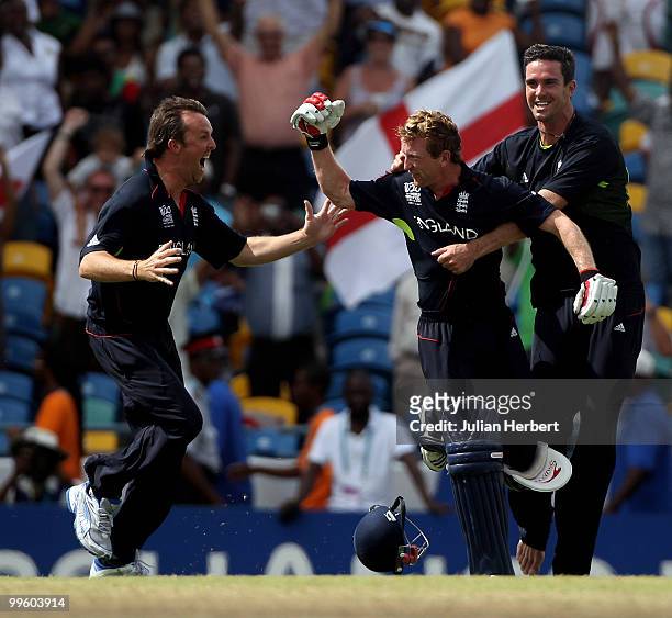 Graeme Swann, Paul Collingwood and Kevin Pietrersen celebrate there victory in the final of the ICC World Twenty20 between Australia and England...