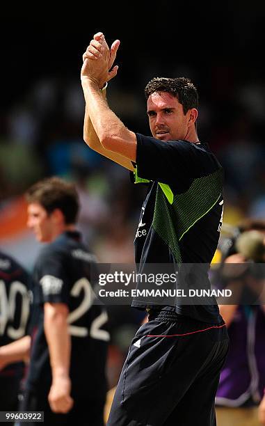 English player Kevin Pietersen celebrates at the end of the Men's ICC World Twenty20 final match between Australia and England at the Kensington Oval...