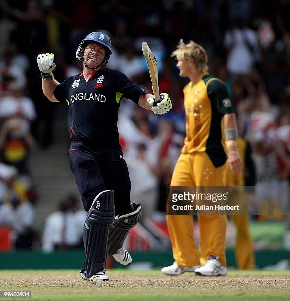 Eoin Morgan of England celebrates victory in the final of the ICC World Twenty20 between Australia and England played at the Kensington Oval on May...