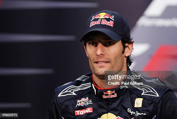 Mark Webber of Australia and Red Bull Racing is seen at the drivers post race press conference following the Monaco Formula One Grand Prix at the...