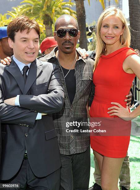 Actors Mike Myers, Eddie Murphy and Cameron Diaz arrive at the "Shrek Forever After" Los Angeles premiere held at Gibson Amphitheatre on May 16, 2010...
