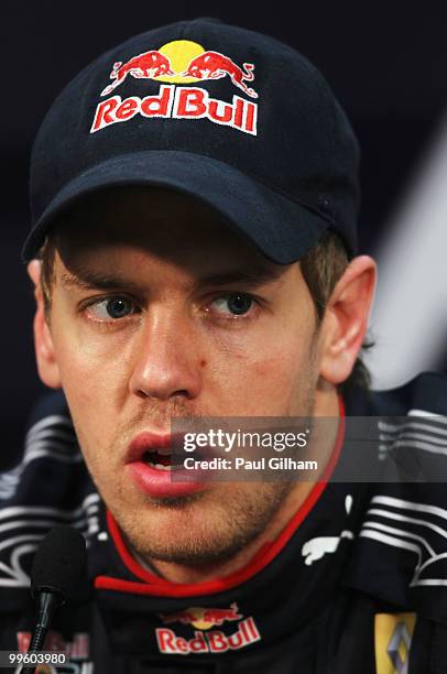 Sebastian Vettel of Germany and Red Bull Racing is seen at the drivers post race press conference following the Monaco Formula One Grand Prix at the...