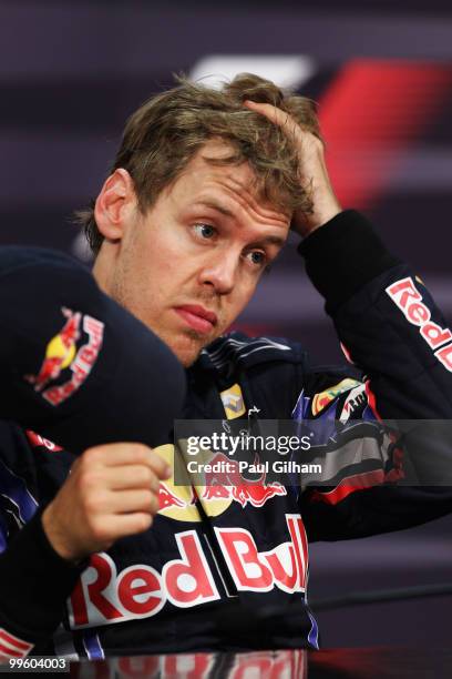 Sebastian Vettel of Germany and Red Bull Racing is seen at the drivers post race press conference following the Monaco Formula One Grand Prix at the...