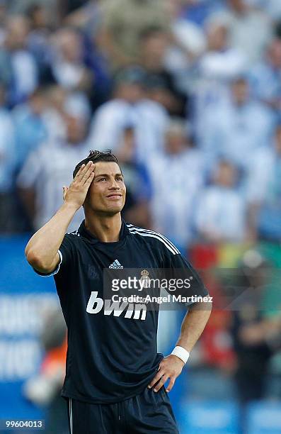 Cristiano Ronaldo of Real Madrid reacts during the La Liga match between Malaga and Real Madrid at La Rosaleda Stadium on May 16, 2010 in Malaga,...