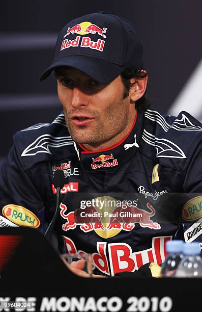 Mark Webber of Australia and Red Bull Racing is seen at the drivers post race press conference following the Monaco Formula One Grand Prix at the...