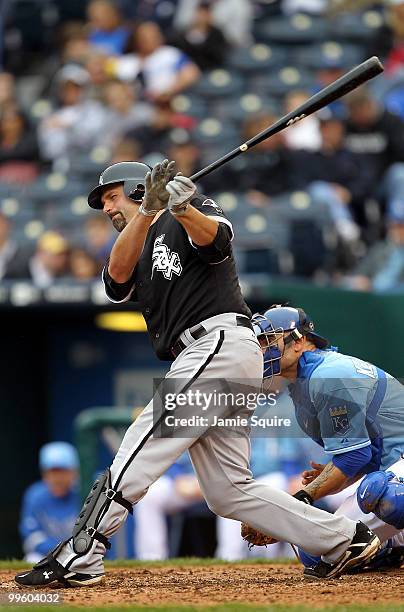 Paul Konerko of the Chicago White Sox tgrounds out during the game against the Kansas City Royals on May 16, 2010 at Kauffman Stadium in Kansas City,...