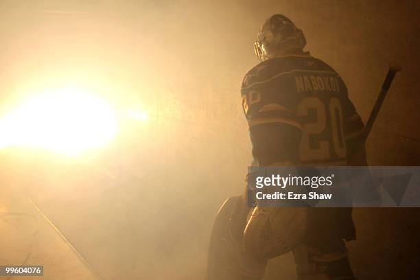 Goaltender Evgeni Nabokovof the San Jose Sharks steps onto the ice before taking on the Chicago Blackhawks in Game One of the Western Conference...