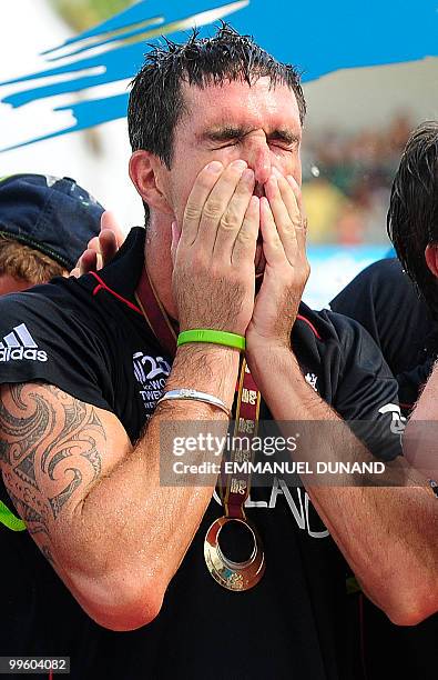 English player Kevin Pietersen celebrates on the winners' podium at the end of the Men's ICC World Twenty20 final match between Australia and England...