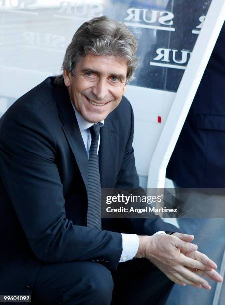 Head coach Manuel Pellegrini of Real Madrid looks on during the La Liga match between Malaga and Real Madrid at La Rosaleda Stadium on May 16, 2010...