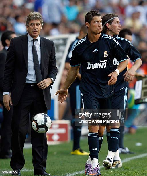 Cristiano Ronaldo of Real Madrid reacts during the La Liga match between Malaga and Real Madrid at La Rosaleda Stadium on May 16, 2010 in Malaga,...