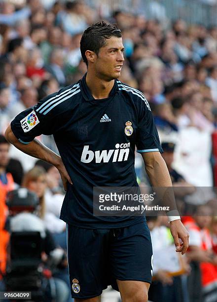 Cristiano Ronaldo of Real Madrid grimaces during the La Liga match between Malaga and Real Madrid at La Rosaleda Stadium on May 16, 2010 in Malaga,...