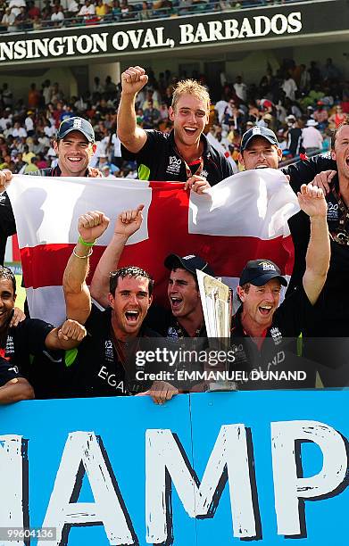 English player Kevin Pietersen celebrates on the winners' podium at the end of the Men's ICC World Twenty20 final match between Australia and England...