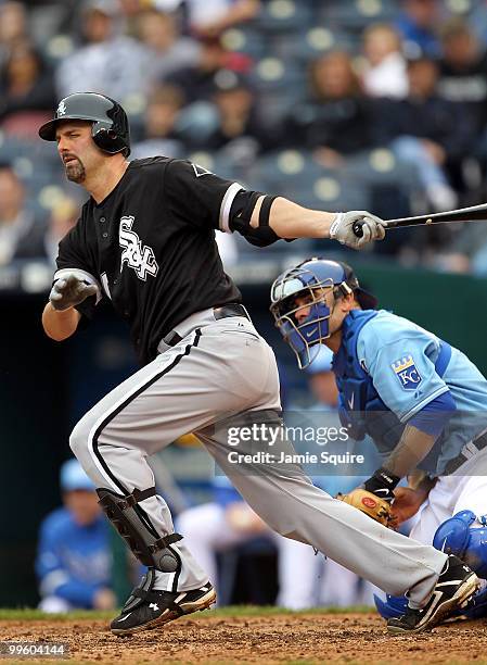 Paul Konerko of the Chicago White Sox grounds out during the game against the Kansas City Royals on May 16, 2010 at Kauffman Stadium in Kansas City,...