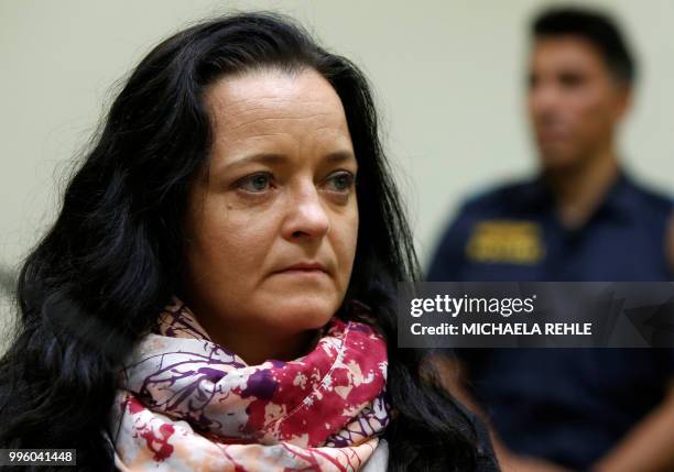 Defendant Beate Zschaepe waits in a courtroom before the proclamation of sentence in her trial as the only surviving member of neo-Nazi cell National...