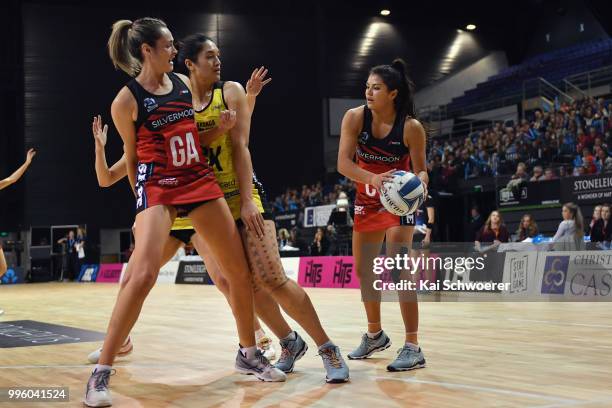 Kimiora Poi of the Tactix looks to pass the ball during the ANZ Netball Championship match between Mainland Tactix and Central Pulse at Horncastle...