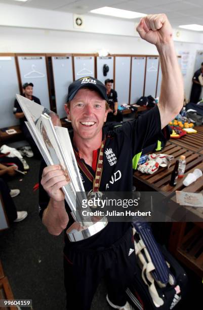 England captain Paul Collingwood with the trophy in the teams dressing room after there victory against Australia in the final of the ICC World...