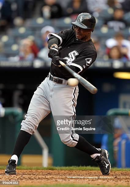 Juan Pierre of the Chicago White Sox connects during the game against the Kansas City Royals on May 16, 2010 at Kauffman Stadium in Kansas City,...