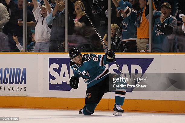 Jason Demers of the San Jose Sharks reacts after scoring a first period goal against the Chicago Blackhawks in Game One of the Western Conference...