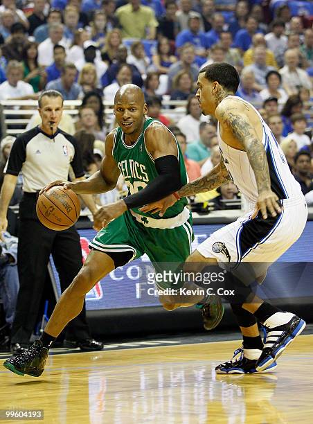 Ray Allen of the Boston Celtics drives in the first quarter against Matt Barnes of the Orlando Magic in Game One of the Eastern Conference Finals...