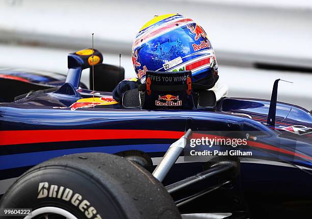 The drivers helmet of Mark Webber of Australia and Red Bull Racing is seen on his car after he wins the Monaco Formula One Grand Prix at the Monte...