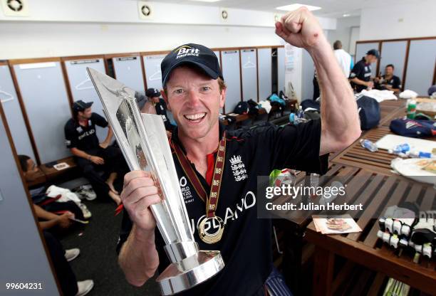 England captain Paul Collingwood with the trophy in the teams dressing room after his teams victory against Australia in the final of the ICC World...