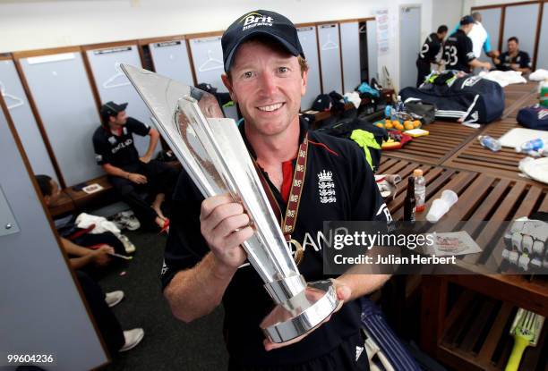 England captain Paul Collingwood with the trophy in the teams dressing room after his teams victory against Australia in the final of the ICC World...