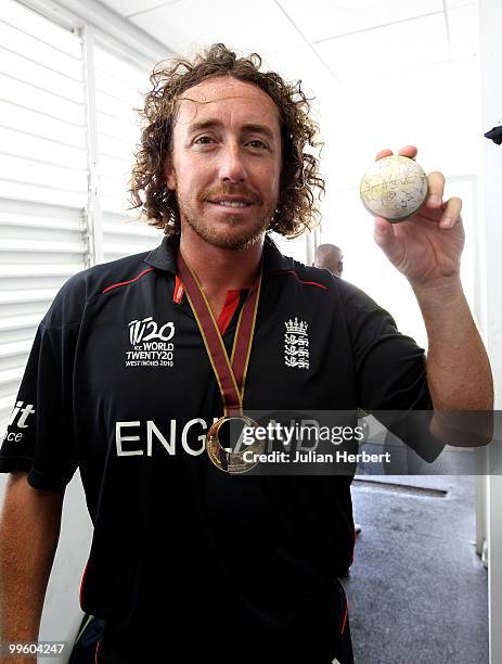 England player Ryan Sidebottom with the match ball in the teams dressing room after his teams victory against Australia in the final of the ICC World...