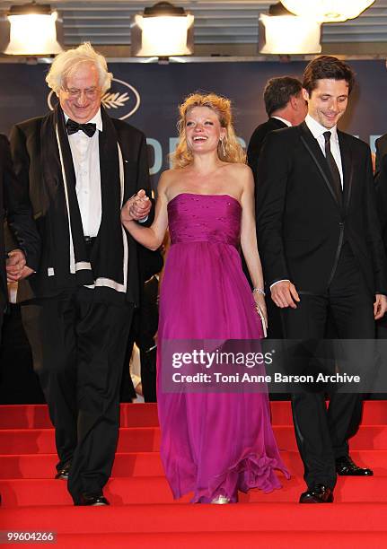 Director Bertrand Tavernier, actress Melanie Thierry and actor Raphael Personnaz depart the 'The Princess of Montpensier' Premiere held at the Palais...