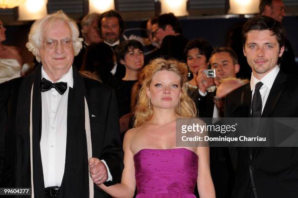 Director Bertrand Tavernier, actress Melanie Thierry and actor Raphael Personnaz depart the 'The Princess of Montpensier' Premiere held at the Palais...
