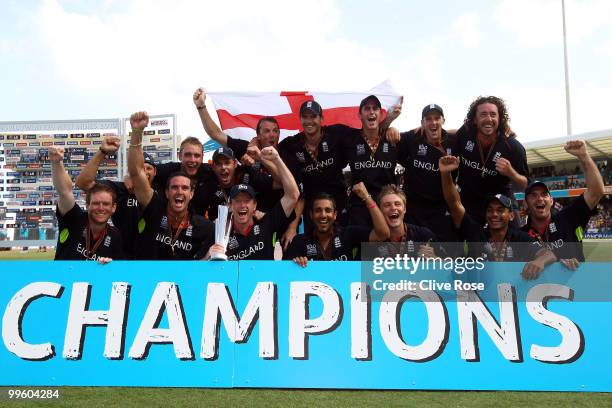 The England team celebrate winning the final of the ICC World Twenty20 between Australia and England at the Kensington Oval on May 16, 2010 in...