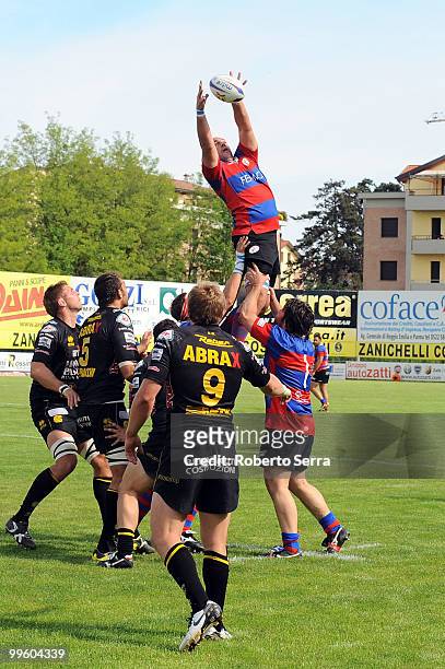 Daniele Tumiati of Femi Rovigo wins a lineout during the match between Montepaschi Viadana and Femi Rovigo at Stadio Luigi Zaffanella on May 16, 2010...