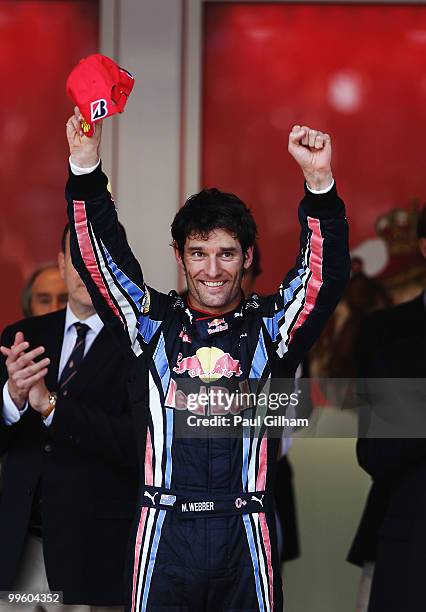 Mark Webber of Australia and Red Bull Racing celebrates after winning the Monaco Formula One Grand Prix at the Monte Carlo Circuit on May 16, 2010 in...