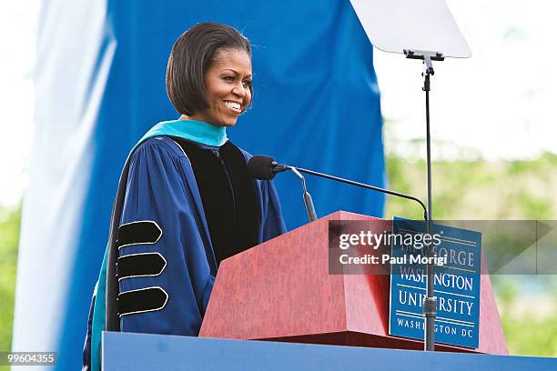 First Lady Michelle Obama delivers the keynote address at the 2010 George Washington University commencement on the National Mall on May 16, 2010 in...