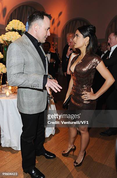 David Furnish and Salma Hayek attend the Vanity Fair and Gucci Party Honoring Martin Scorsese during the 63rd Annual Cannes Film Festival at the...