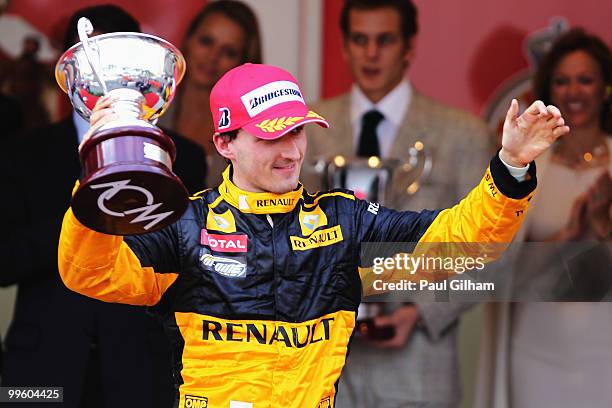 Robert Kubica of Poland and Renault celebrates finishing third during the Monaco Formula One Grand Prix at the Monte Carlo Circuit on May 16, 2010 in...