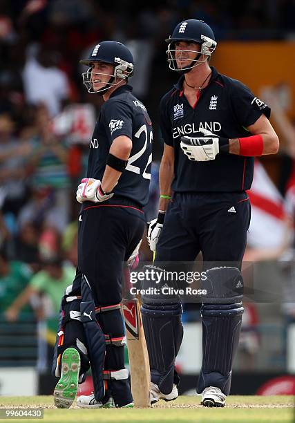 Craig Kieswetter and Kevin Pietersen of England look on during the final of the ICC World Twenty20 between Australia and England at the Kensington...