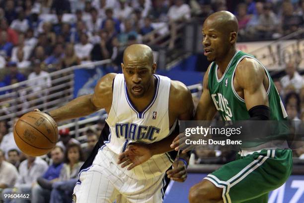 Vince Carter of the Orlando Magic drives against Ray Allen of the Boston Celtics in Game One of the Eastern Conference Finals during the 2010 NBA...